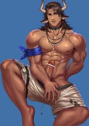 1boy abs absurdres animal_ears arknights bandana bar_censor bara bare_pecs brown_hair censored collar cow_boy cow_ears cow_horns dark-skinned_male dark_skin earrings erection facial_hair foot_out_of_frame godongyudidi highres horns jewelry male_focus male_swimwear matterhorn_(arknights) matterhorn_(beach_guard)_(arknights) medium_hair muscular muscular_male navel nipples pectorals penis pulled_by_self shorts shorts_pull solo solo_male stomach stubble swim_trunks swimwear tooth_necklace undressing veins veiny_penis white_shorts