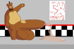 anthro balls big_balls big_penis bodily_fluids brown_body clothing cum digital_media_(artwork) erection five_nights_at_freddy's freddy_(fnaf) fur genital_fluids genitals hat headgear headwear hi_res huge_balls huge_cock hyper hyper_balls hyper_genitalia hyper_penis infurmary male male_only mammal nude penis simple_background slightly_chubby smile solo ursid video_games