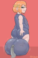 1futa balljob bottom_heavy bulge flat_chest futa_only futanari green_eyes hyper hyper_balls hyper_penis orange_hair original_character sideebi solo_futa steam swimsuit tight_clothing veiny_penis