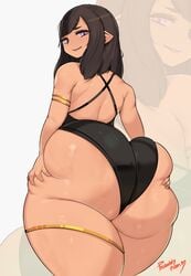 1girls ass ass_focus ass_grab big_ass brown_hair dat_ass dress favorite female female_only hi_res highres light-skinned_female long_hair looking_at_viewer original_character pointy_ears probablynoon purple_eyes seductive seductive_eyes seductive_look seductive_smile sexually_suggestive tagme thick_thighs thighs