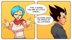 1boy 1girls 2koma big_breasts black_eyes black_hair blue_eyes blue_hair breasts bulma_briefs cleavage closed_eyes clothed comic dragon_ball funny highres humor looking_back meme my_little_pogchamp_(meme) nortuet revealing_clothes short_hair shounen_jump simple_background vegeta