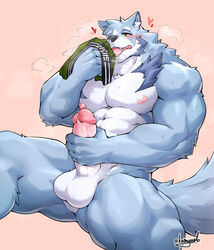 5_fingers abs anthro balls blue_body blue_fur blush bodily_fluids canid canine canis clothing fangs fingers fur genital_fluids genitals green_clothing green_underwear heart hi_res holding_clothing holding_object holding_underwear kamyuelo lucas_(kamyuelo) male male_only mammal masturbation muscular muscular_anthro muscular_male nipples open_mouth pecs penile penile_masturbation pink_nipples pink_tongue precum simple_background sniffing solo sweat tongue tongue_out underwear underwear_sniffing white_balls wolf