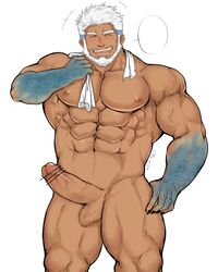 1boy abs absurdres aegir_(tokyo_afterschool_summoners) aqua_hair bar_censor bara beard blue_eyes blush censored completely_nude cowboy_shot dark-skinned_male dark_skin erection facial_hair fins highres looking_at_viewer male_focus male_only multicolored_hair muscular muscular_male navel nipples nude pectorals penis short_hair solo solo_male stomach streaked_hair thick_thighs thighs tokyo_afterschool_summoners tokyo_houkago_summoners towel towel_around_neck veins veiny_penis white_background white_hair xiaojishangtian