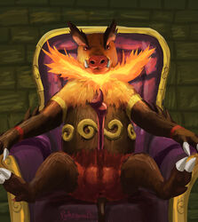 2021 absurd_res animal_genitalia animal_penis anthro balls chair claws digital_media_(artwork) emboar erection fire flaming_hair flaming_mane fur furniture genitals hi_res long_penis looking_at_viewer male mammal multicolored_body multicolored_fur nintendo orange_body orange_fur penis pokémon_(species) pokemon porcine_penis pseudo_hair pseudo_mane red_body red_eyes red_fur sitting solo spread_legs spreading suina t-ace_juice video_games yellow_body yellow_fur