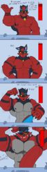 2018 5_fingers abs anthro armpit_hair bicep_curl biceps big_penis black_body black_fur body_hair dialogue english_text evolution felid fingers foreskin fur genitals grey_body grey_fur growth hi_res huge_cock hyper hyper_genitalia hyper_penis incineroar intimatewolf male male_only mammal multicolored_body multicolored_fur muscle_growth nintendo nipples penis pokémon_(species) pokemon red_body red_eyes red_fur sequence simple_background solo text torracat two_tone_body two_tone_fur uncut video_games yellow_sclera