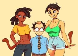 1boy 2girls balding bare_midriff big_breasts black_hair breasts brown_eyes choker cleavage dark-skinned_female dark_skin dragon_ball glasses hand_on_head hand_on_hip height_difference long_hair male mato_(nortuet) muscular muscular_female nortuet revealing_clothes russ_l._sprout_(nortuet) short_hair shorts small_breasts smile sweedi_(nortuet) tail very_short_hair yellow_topwear