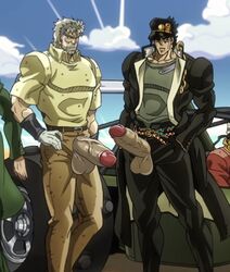 2boys age_difference black_hair blue_sky boner car chain clothed clouds dilf edit erection facial_hair gloves grandfather_and_grandson gray_hair hands_in_pockets head_out_of_frame huge_cock jijimago jojo's_bizarre_adventure joseph_joestar jotaro_kujo large_balls legs looking_at_viewer magojiji male_focus male_only mohammed_avdol muscular_male noriaki_kakyoin old_joseph out_of_fly penis_out penis_size_difference presenting_penis red_glans retracted_foreskin stardust_crusaders thick_penis veiny_penis wolf_con_f yaoi