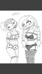 2girls anthro anthro_only artist_name artist_signature big_ears bra braided_hair curvy duo eyeshadow fangs hariet_(mario) limpurtikles mario_(series) monochrome nintendo panties pom_pom_(mario) small_breasts stockings super_mario_3d_world super_mario_odyssey thick_thighs thighhighs tied_hair tied_up underwear wide_hips