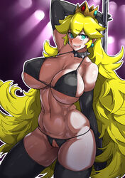 :d absurdres alternate_breast_size aqua_eyes bikini black_bikini black_gloves black_legwear blonde_hair blush breasts cleavage cleft_of_venus covered_nipples crotchless_swimsuit crown dragra earrings elbow_gloves eyebrows_visible_through_hair female gloves highres jewelry long_hair looking_at_viewer mario_(series) navel nintendo open_mouth pole princess_peach pussy smile solo swimsuit thighhighs very_long_hair