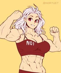 1girls 2021 big_breasts breasts cleavage clothed dorohedoro female_focus female_only highres long_hair looking_at_viewer muscular muscular_female noi_(dorohedoro) nortuet red_eyes revealing_clothes simple_background smile solo sports_bra white_hair white_skin yellow_background