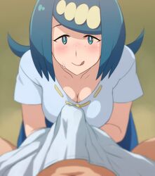 1boy 1girls animated big_breasts blue_eyes blue_hair blush breasts bulge cleavage clothed clothed_female clothes clothing e_keroron erection eye_contact eyebrows female freckles gif handjob handjob_over_clothes human human_only lana's_mother_(pokemon) licking_lips long_hair looking_at_viewer male male_pov milf mob_face mother nintendo pokemon pokemon_sm pov shirt simple_background skirt smile straight sweatdrop two-handed_handjob underwear wide_hips