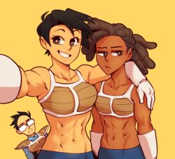 1boy 2girls bare_midriff big_breasts black_hair breasts brown_eyes brown_hair clothed dark-skinned_female dark_skin dragon_ball glasses highres long_hair looking_at_viewer mato_(nortuet) muscular muscular_female nortuet revealing_clothes russ_l._sprout_(nortuet) saiyan_armor selfie short_hair simple_background small_breasts smile sweedi_(nortuet)