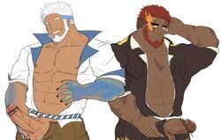 2boys abs absurdres aegir_(tokyo_afterschool_summoners) anchor_earrings aqua_hair bar_censor bara bare_pecs beard blue_eyes censored cowboy_shot dark-skinned_male dark_skin earrings erection facial_hair fingernails fins flaming_eye head_tilt hephaestus_(tokyo_afterschool_summoners) highres jacket jewelry male male_focus male_only multicolored_hair multiple_boys muscular muscular_male navel nipples open_clothes open_jacket open_pants open_shirt open_shorts pants pectorals penis penis_grab red_eyes red_hair scar scar_on_chest sharp_fingernails shirt short_hair shorts single_earring stomach streaked_hair tokyo_afterschool_summoners tokyo_houkago_summoners veins veiny_penis white_hair white_shirt xiaojishangtian