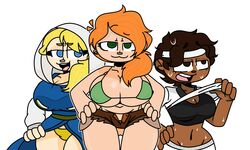 3girls alex_(minecraft) breasts brown_hair brown_skin clothed clothing dark-skinned_female dark_skin dress farmer female female_only horaco light-skinned_female light_skin looking_at_viewer minecraft multiple_girls orange_hair panties super_smash_bros. sweat tennis_alex tennis_uniform thehoraco white_background white_shirt white_skin yellow_hair