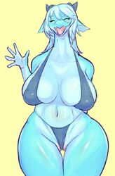 2020 anthro big_breasts bikini blue_body blue_hair blue_scales blush breasts closed_eyes clothing curvy_figure dragon eyelashes fangs female front_view genitals gesture hair hi_res horn kemono nipple_outline open_mouth portrait pussy pussy_floss scales scalie sharp_teeth simple_background skimpy_bikini solo solterv standing swimwear teeth three-quarter_portrait tongue voluptuous waving wide_hips yellow_background