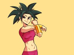 1girls base_form_kefla black_eyes black_hair breasts clothed dragon_ball dragon_ball_super earrings female female_focus female_only fusion highres kefla light-skinned_female light_skin looking_at_viewer medium_breasts muscular muscular_female nortuet ponytail potara_earrings revealing_clothes saiyan short_hair simple_background smile solo spiky_hair