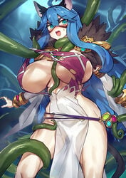 animal_ears big_breasts blue_eyes blue_hair blush curvy goinkyo huge_breasts imminent_rape kemonomimi mask melon22 muscular_thighs pale-skinned_female pale_skin ragnarok_online restrained ripped_clothing sweatdrop tentacle thick_thighs wide_hips