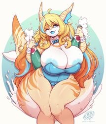 anthro areola_slip ass_visible_through_thighs big_breasts blonde_hair cleavage curvy female huge_breasts leotard mature_female sasha_sweets scalie secretly_saucy shark_girl shark_humanoid shark_tail thick_thighs wine_bottle