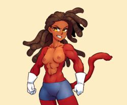 1girls breasts brown_hair casual casual_nudity dark-skinned_female dark_skin dragon_ball female_focus female_only long_hair muscular muscular_female nipples nortuet simple_background small_breasts solo super_saiyan_4 sweedi_(nortuet) tail wide_hips yellow_eyes