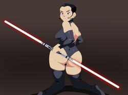 1girls armwear ass barrybbeesly big_ass black_hair breasts dat_ass double_bladed_lightsaber freckles frown hair_bun leggings lightsaber looking_at_viewer looking_back red_eyes red_lightsaber rey sideboob sith_empress sith_rey skin_tight star_wars thick_thighs