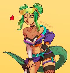 1girls bare_midriff clothed dark-skinned_female dark_skin female_focus female_only fingerless_glove green_hair heart highres looking_at_viewer nortuet one_eye_closed original reptilian_eyes revealing_clothes reyna_(nortuet) short_hair simple_background solo sunglasses_on_head tail wink yellow_eyes