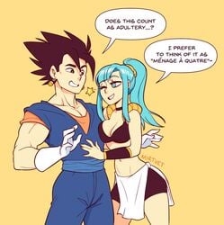 1boy 1girls big_breasts black_eyes black_hair blue_eyes blue_hair breasts bulchi bulma_briefs chichi cleavage clothed dragon_ball fusion hetero long_hair muscular muscular_male nortuet revealing_clothes short_hair smile straight vegito wide_hips wink