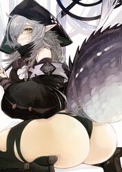 animal_tail arknights artist_request ass big_ass big_butt hair_over_one_eye hood huge_ass huge_butt kneeling looking_at_viewer looking_back pale-skinned_female pale_skin panties pointy_ears thighhighs tomimi_(arknights) white_hair yellow_eyes