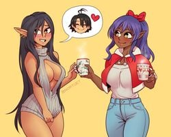 2girls big_breasts black_hair blush bottomless bow breasts cleavage clothed clothing covering covering_crotch crossover dark-skinned_female dark_elf dark_skin delva_celebrian elf elf_ears female female_focus female_only hairbow jeans kuroinu_~kedakaki_seijo_wa_hakudaku_ni_somaru~ long_hair nortuet olga_discordia pointy_ears purple_hair revealing_clothes smile sweater sweater_tug twitter_username very_long_hair virgin_killer_sweater yellow_eyes youkoso!_sukebe_elf_no_mori_e