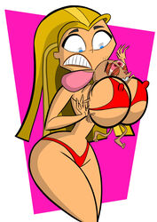 belly bikini blonde_hair bra breast_grab breasts bulge bulging_nipples codykins123 crossover curvy curvy_figure female lindsay_(tdi) lips looking_down male nipples nipples_bulge no_navel pervert red_bra ren_and_stimpy ren_hoek sexual_harassment slim2k6 thick_thighs thong total_drama_island wide_hips