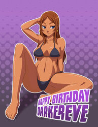 1girls bikini black_bikini blue_eyes breasts brother-tico brown_hair happy_birthday jagua_tales joana_dolores legs long_hair solo solo_female solo_focus spread_legs tagme tan-skinned_female tan_skin watermark