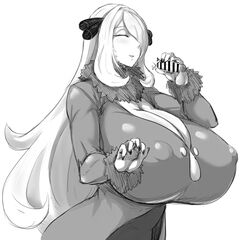 1girls alternate_breast_size champion cleavage closed_eyes cynthia_(pokemon) fake_smile faking_joy faking_pleasure hair_ornament handjob huge_breasts long_hair mature_female milf nintendo nipple_bulge parallax05 pokemon pokemon_dppt pretending_to_like_it small_penis small_penis_adoration small_penis_humiliation three-finger_handjob tight_clothing touching_penis