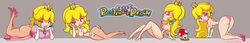 ass blonde_hair breasts crown dress earrings eyeshadow female gem hair hanging_breasts high_heels highres jewelry large_breasts looking_at_viewer mario_(series) mushroom nintendo nipples no_bra panties panties_only pantyhose pose princess princess_peach sergevirusx smile straight_hair super_princess_peach