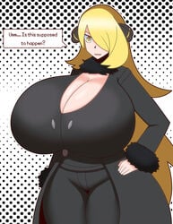 alternate_breast_size blonde_hair breast_expansion breasts clothed clothed_female cynthia_(pokemon) duskyer english_text hyper hyper_breasts long_hair pokemon pokemon_dppt question text thick thick_thighs thin thin_waist top_heavy voluptuous wide_hips