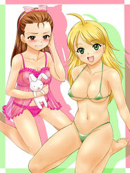 2girls bikini bikini_top blonde_hair blush bow brown_eyes brown_hair erect_nipples hairband hoshii_miki idolmaster kneeling lingerie long_hair micro_bikini miki_hoshii minase_iori multiple_girls navel negligee panties see-through seiza sitting smile stuffed_rabbit swimsuit thong tsuwabuki-san underwear usa-chan