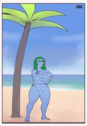 barefoot beach big_breasts bikini blank_eyes blue_skin female freckles green_hair hips jamesab palm_tree seashell seashell_bra seaside skylanders skylanders:_imaginators solo tidepool_(skylanders) water