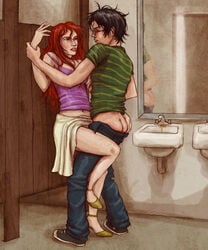 1boy 1girls against_door against_surface bathroom camisole clothed_sex crop_top female fully_clothed ginny_weasley happy_sex harry_james_potter harry_potter heels high_heels male midriff mirror one_leg_up reallycorking red_hair redhead romantic sink skirt skirt_lift spaghetti_strap standing_sex tagme tank_top toilet toilet_stall vaginal_penetration wrist_grab