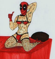 1boy clothed clothing crossdressing deadpool front_view human kneeling male male_only manly_crossdresser marvel mask silvertallest solo tagme thumbs_up