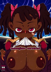 ayukawa_miyuki bandaid basquash! big_areola big_breasts big_nipples black_hair blush breasts brown_hair cover cover_page dark-skinned_female dark_nipples dark_skin female flashing flashing_breasts hairlocs highres huge_breasts jacket konmori_(kinbou_sokai) large_breasts miyuki_ayukawa mouth_hold nipples purple_eyes smile sweat tank_top tied_hair twintails undressing