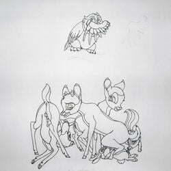 bambi_(character) bambi_(film) cub disney faline feral flower_(bambi) monochrome penis pussy ronno rough_sketch skunk testicles thumper