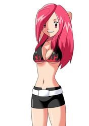 arms_behind_head cosplay female female_only flannery_(pokemon) gym_leader human human_only pokemon red_eyes red_hair simple_background smile smiling solo tengen_toppa_gurren_lagann white_background yoko_littner yoko_littner_(cosplay)