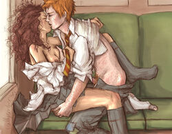 1boy 1girls against_wall ass_grab closed_eyes clothed_sex exposed_breasts female freckles fully_clothed happy_sex harry_potter hermione_granger kiss kissing male necktie reallycorking romantic ron_weasley school_uniform schoolgirl schoolgirl_clothes schoolgirl_outfit schoolgirl_uniform seat shirt_down sitting skirt_lift socks train train_interior train_sex upright_straddle upskirt