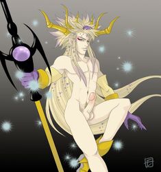 beige_skin blonde_hair boots closed_mouth color dissidia emperor_mateus erection final_fantasy final_fantasy_ii footwear gloves grey_eyes hair human male male_only navel nude on_one_foot open_eyes penis round_ears solo staff standing testicles uncensored very_long_hair