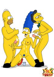 20th_century_studios accurate_art_style breasts color female handjob homer_simpson human kneeling male marge_simpson moe_szyslak multiple_males nipples nude penis standing straight the_simpsons xl-toons.com yellow_body yellow_skin