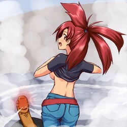 00s 1girls breasts censored female flannery_(pokemon) flannery_(pokemon_rse) gym_leader human human_only light-skinned_female light_skin long_hair nintendo onsen pokemon pokemon_rse ponytail red_hair redhead tied_hair undressing