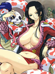 1girls animal boa_hancock breasts crossed_legs earrings female female_focus green_eyes hannyabal huge_breasts jewelry legs_crossed long_hair male michael_f91 midriff nipple_slip nipples no_bra one_piece salome_(one_piece) sitting skirt skull smile snake solo_focus straight_hair