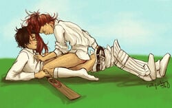 1boy 1girls bottomless clothed_sex cowgirl_position female field ginny_weasley grass happy_sex harry_james_potter harry_potter male on_grass on_ground outdoors outside reallycorking romantic tagme