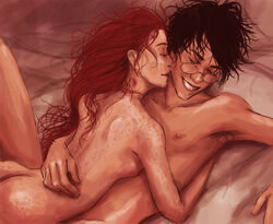 1boy 1girls armpit_hair armpits bed bed_sheet closed_eye couple duo female freckles ginny_weasley glasses half-closed_eyes happy harry_james_potter harry_potter hugging kissing light-skinned_female light-skinned_male light_skin lying lying_on_back lying_on_bed lying_on_person male neck_kissing nude on_person reallycorking red_hair redhead smile teeth wholesome