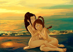 2girls avatar_the_last_airbender azula beach black_hair blush breasts brown_hair female female_only fire_nation grey_eyes hand_on_another's_cheek human long_hair medium_breasts multiple_females multiple_girls nickelodeon nipples nude ponytail sitnalta888 straight_hair sunset tear tied_hair ty_lee water yellow_eyes yuri