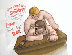 2boys 2d engineer engineer_(team_fortress_2) english_text human human_male human_only male male_only sex soldier soldier_(team_fortress_2) talking team_fortress_2 text yaoi
