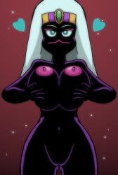 blue_eyes breasts completely_nude duck_dodgers female front_view heart_symbol holding_breasts holding_own_breasts looney_tunes mars martian_(duck_dodgers) no_mouth pussy queen queen_tyr'ahnee space_background stars white_hair